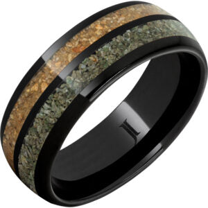 Gent's Black Ceramic Polish 8Mm With Dual 2Mm Dinosaur Bone Inlay, Green And Brown Gents Ring Size 10