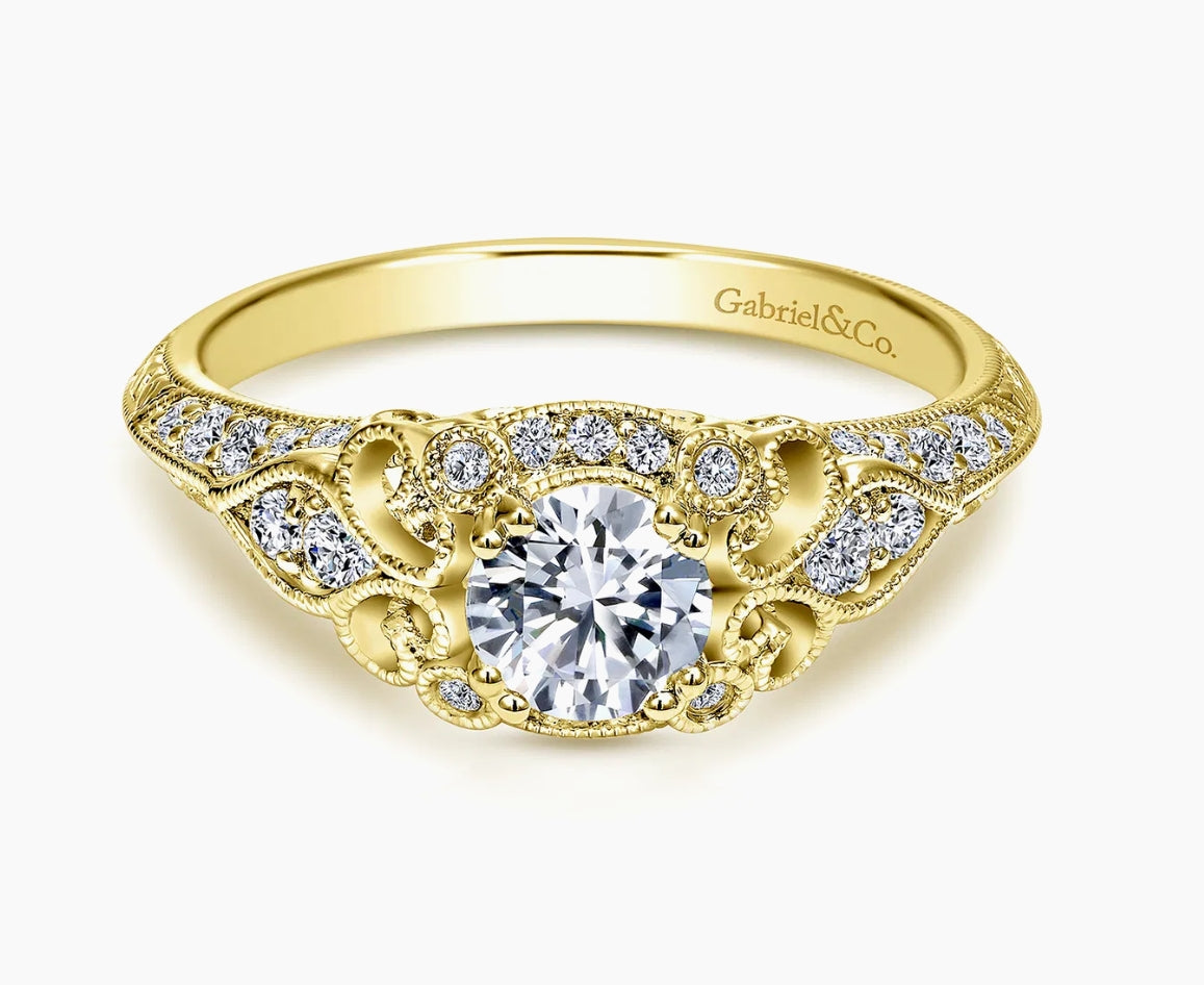 Yellow 14 Karat Vintage Inspired 14K Yellow Gold Fancy Halo Round Diamond Engagement Ring Ring Size 6.5 With One = Round Cubic Zirconium And = 0.42Tw Round G/H Si2 Diamonds