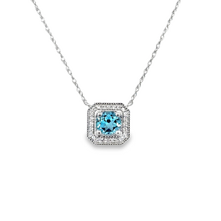 Lady's White 10 Karat Stationary, Cushion Halo Necklace With One 0.625
