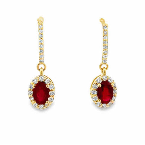 14 Karat Yellow Gold Halo Fashion Dangle Earrings with 6x4mm, "Better" Oval Cut Rubies, and Round Brilliant Cut Diamonds