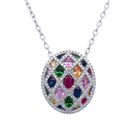 Lady's White 14 Karat Stain Glass Oval Necklace With 2.45Tw V Multi St