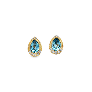 Lady's Yellow 14 Karat Teardrop Studs Earrings With 2 1.38Tw Pear Blue
