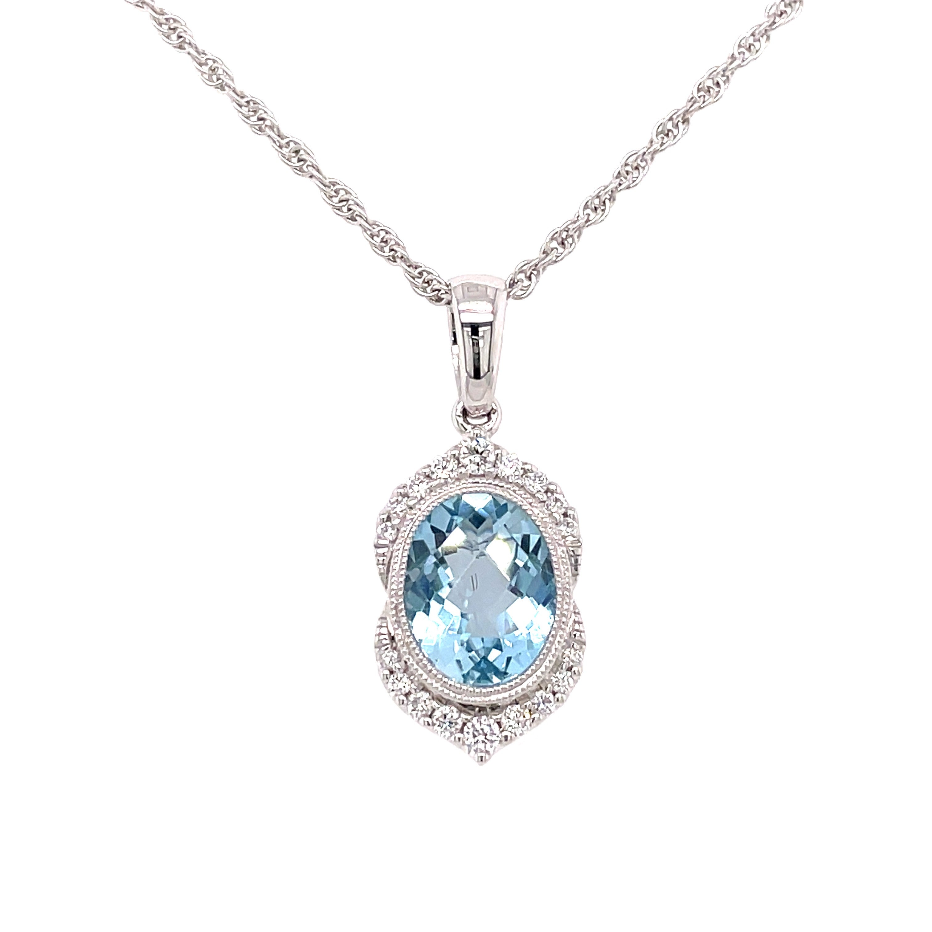 White 14 Karat Vintage Bezel Set Pendant Other With One 1.40Ct Oval Aqua And 0.14Tw Round G/H Si1 Diamonds
