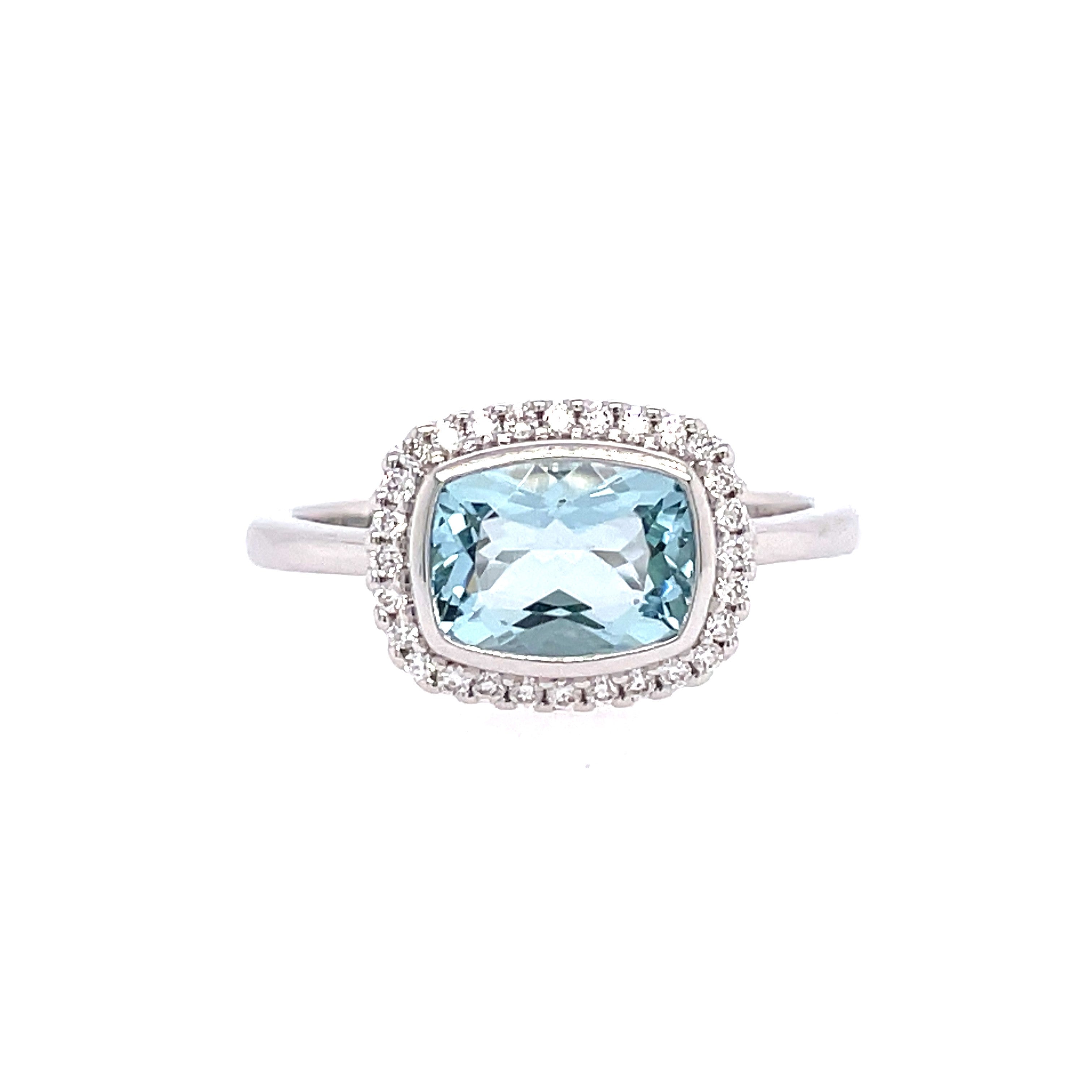 Lady's White 14 Karat Cushion Halo Fashion Ring Fashion Ring With One = 0.96Ct Cushion Aquamarine And = 0.14Tw Round G/H Si1 Diamonds