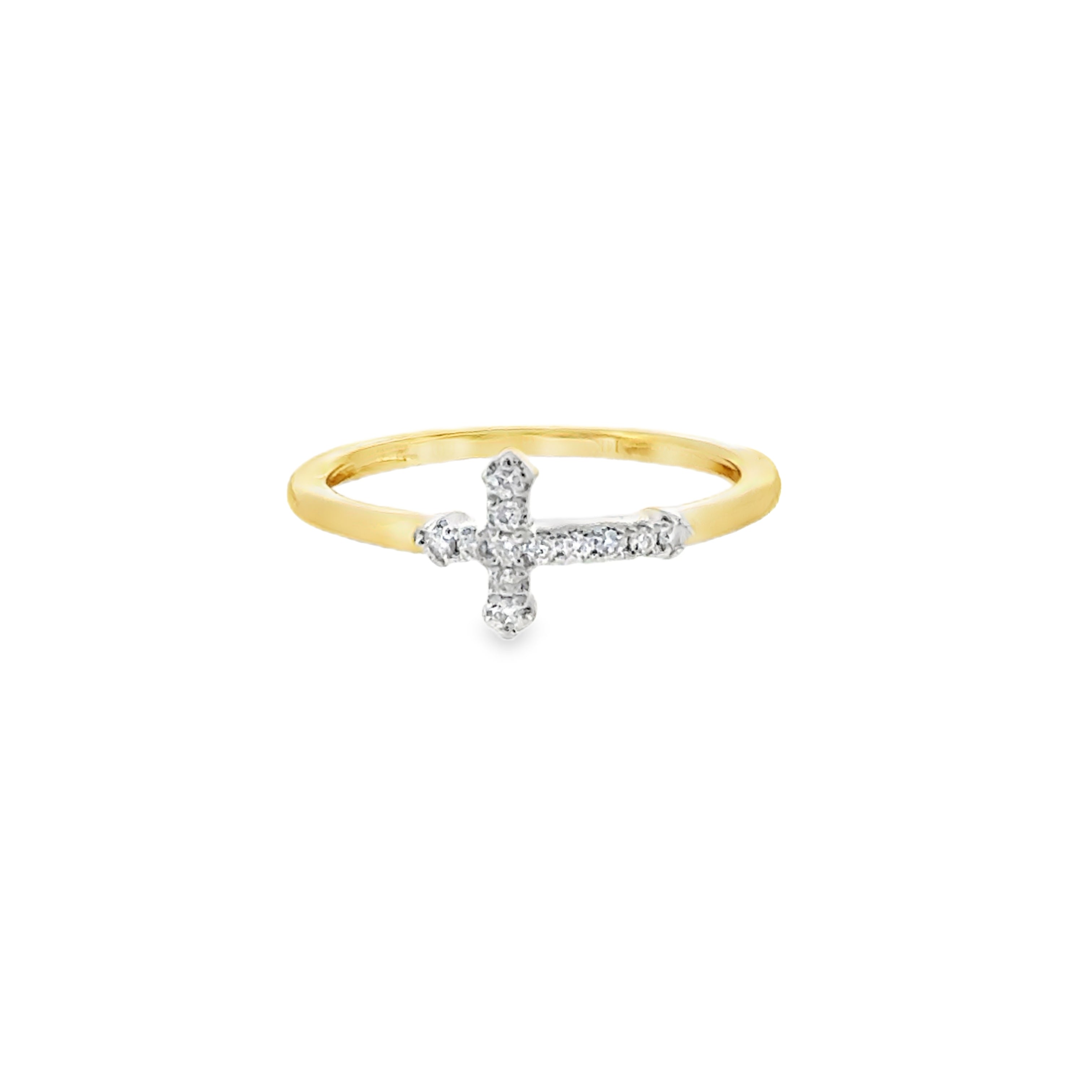 14 Karat Yellow Gold Cross Fashion Ring with 12= 0.10tw Round H/I I1 Diamonds