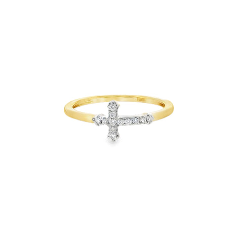 14 Karat Yellow Gold Cross Fashion Ring with 12= 0.10tw Round H/I I1 Diamonds