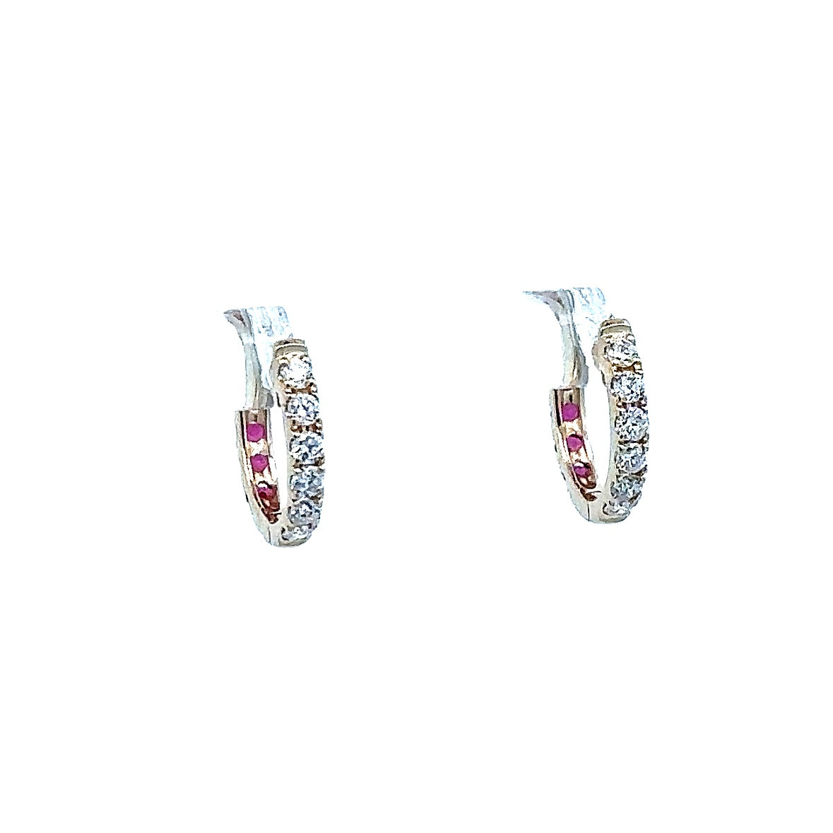 Lady's Yellow 14 Karat Reversible, Prong Set Earrings With 12=0.29Tw Round Rubys And 12=0.20Tw Round G/H Si1 Diamonds