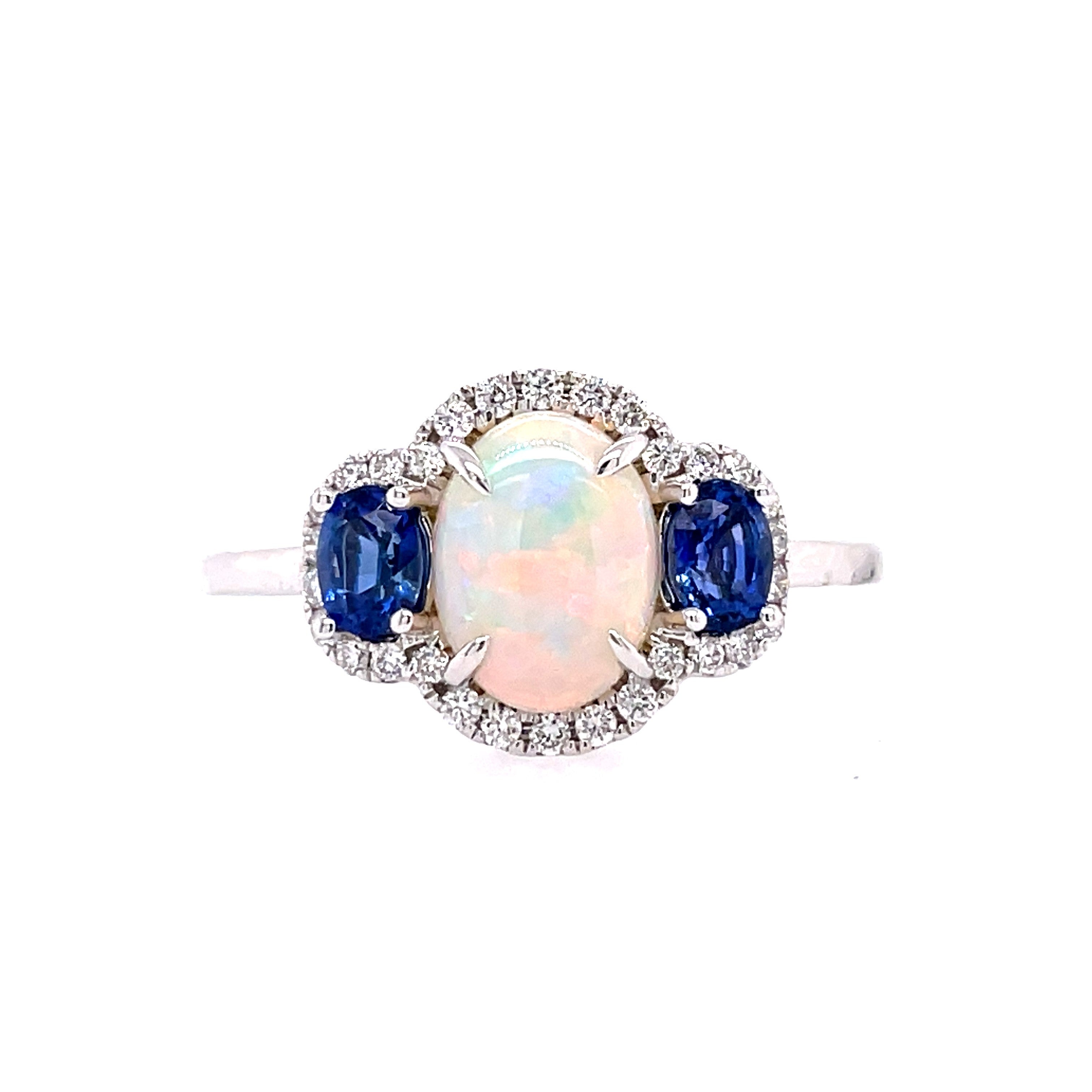 Lady's White 14 Karat Oval Halo Fashion Ring With One Oval Opal, 2= Oval Sapphires And 0.170000 Twt Other Stones