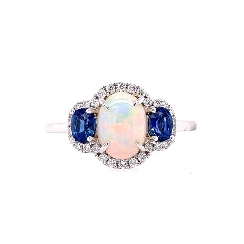 Lady's White 14 Karat Oval Halo Fashion Ring With One Oval Opal, 2= Oval Sapphires And 0.170000 Twt Other Stones