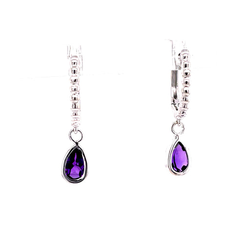 Beaded Hoops with Amethyst Dangles Earrings | 14k White