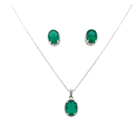 Emerald Halo Earrings and Necklae | White Sterling