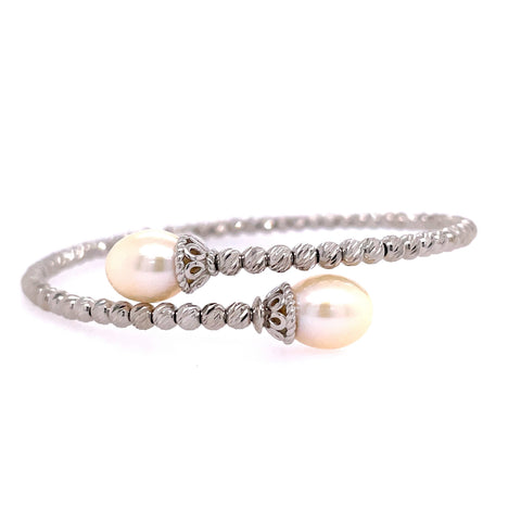 Lady's White Sterling Silver Rhodium Sparkle Beads Bangle W/2 Freshwater Pearls Other