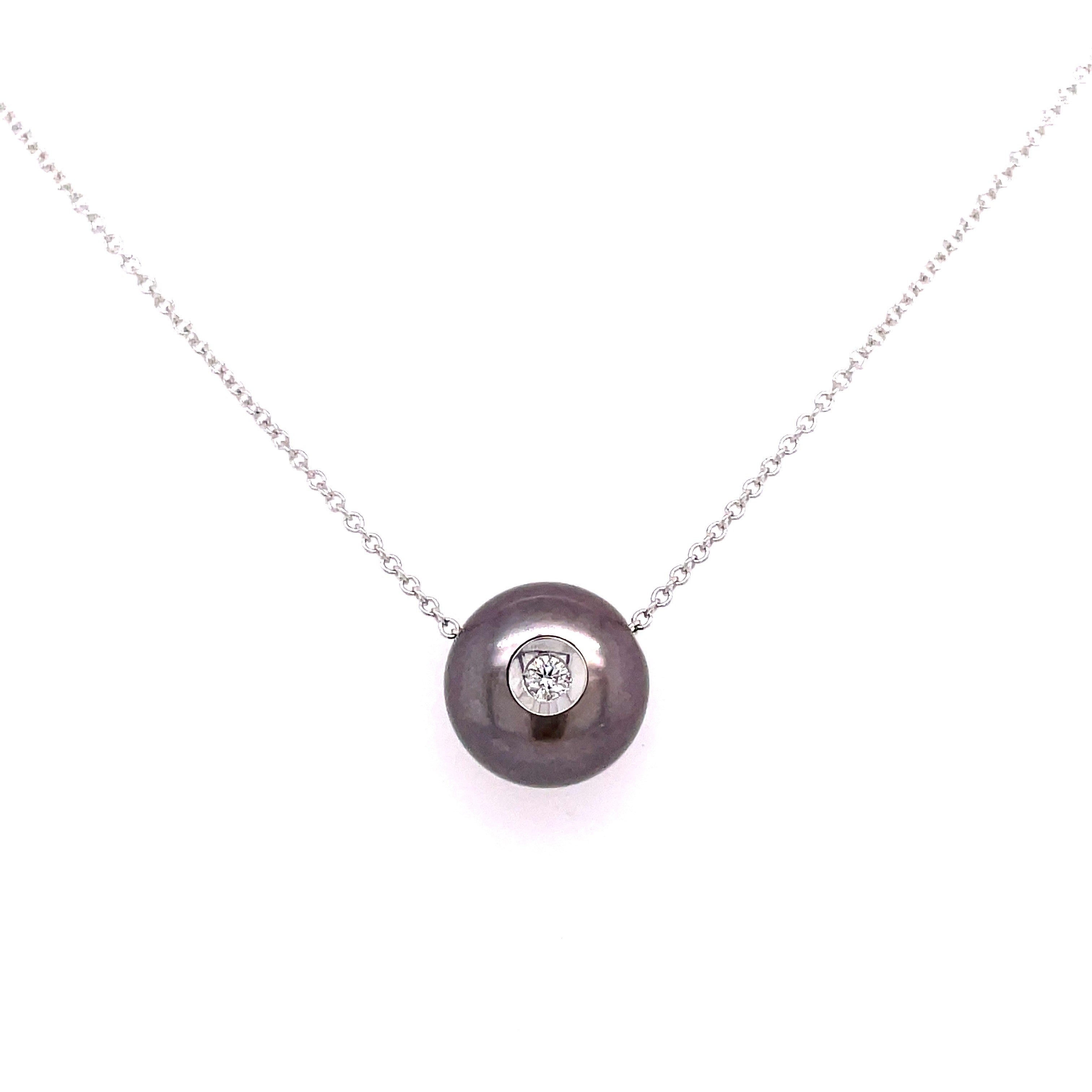 Lady's White 14 Karat Smooth Dia In A Pearl Pendant Necklace With One = 0.04Ct Round G/H Si1 Diamond And One = Fresh Water Black Pearl