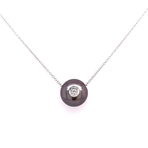 Lady's White 14 Karat Smooth Dia In A Pearl Pendant Necklace With One = 0.04Ct Round G/H Si1 Diamond And One = Fresh Water Black Pearl