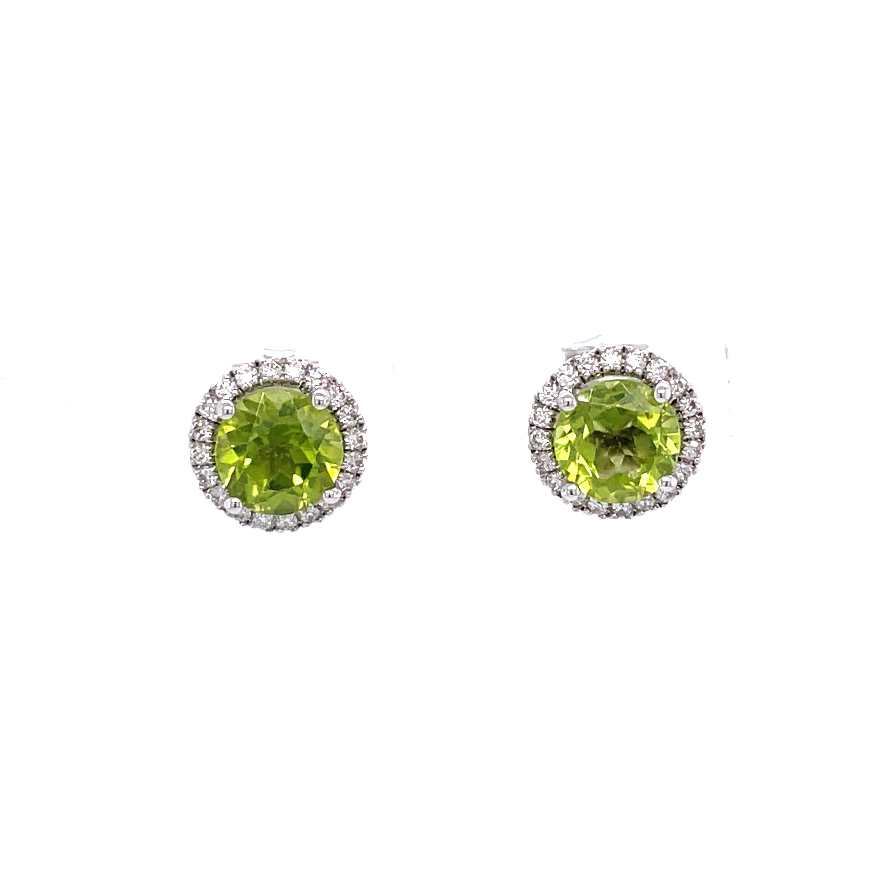 Lady's White 14 Karat Round Halo Stud Earrings With 2=1.90Tw Round Peridots And 0.20Tw Round H/I Si2 DiamondsRegularly $1100 Vendor Price $550  Purchases made from our Vendor Price case are not eligible for "complimentary" services. Standard ring