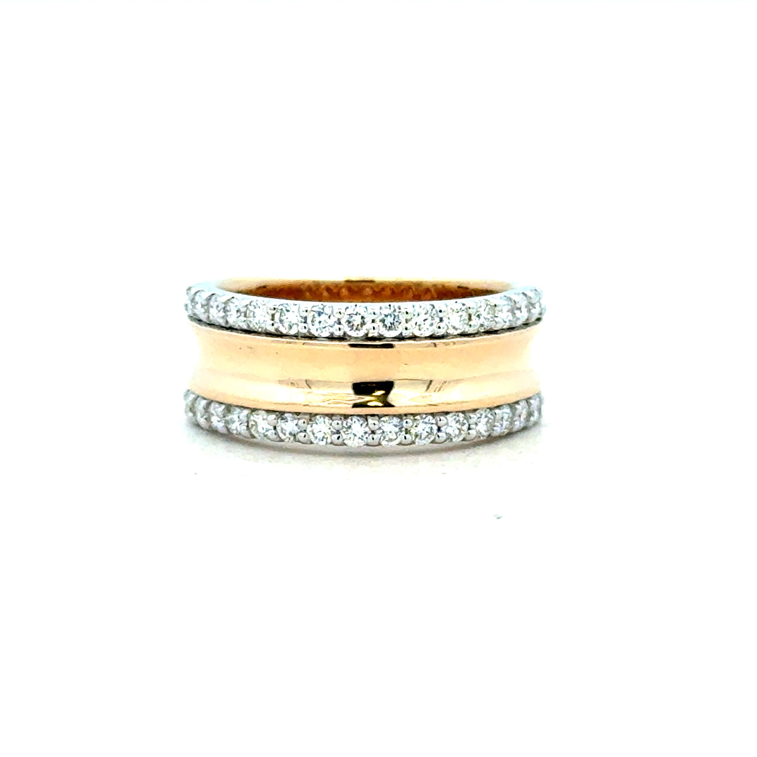 Lady's Yellow/White 14 Karat Three Row Anniversary Ring With Concaved Center Anniversary Ring With 0.73Tw Round G/H Si1 Diamonds