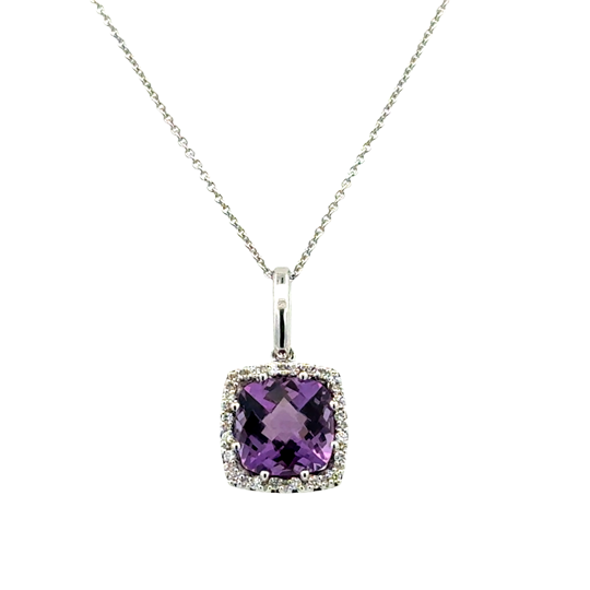 Lady's White 14 Karat Cushion Halo On A Cable Chain Necklace Length 18 one = 1.83ct Cushion Amethyst
20 = 0.10tw Round G/H SI1 Diamonds
