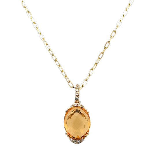 Lady's Yellow 14 Karat Partial Halo, With Oval Link Chain Necklace Length 18 one = 2.59ct Oval Citrine
13 = 0.06tw Round G/H SI1 Diamonds