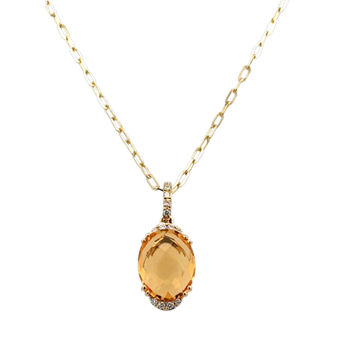 Lady's Yellow 14 Karat Partial Halo, With Oval Link Chain Necklace Length 18 one = 2.59ct Oval Citrine
13 = 0.06tw Round G/H SI1 Diamonds