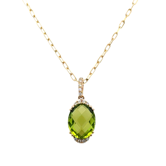 Lady's Yellow 14 Karat Partial Halo, With Oval Link Chain Necklace Length 18 one = 3.13ct Oval Peridot
13 = 0.06tw Round G/H SI1 Diamonds