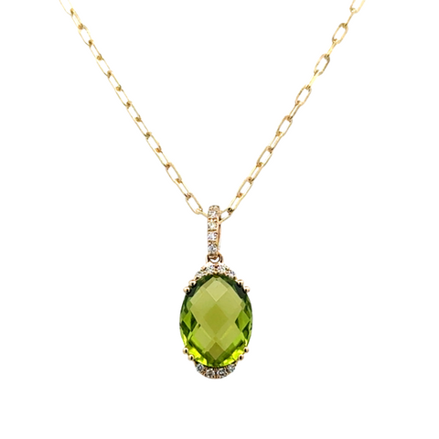 Lady's Yellow 14 Karat Partial Halo, With Oval Link Chain Necklace Length 18 one = 3.13ct Oval Peridot
13 = 0.06tw Round G/H SI1 Diamonds