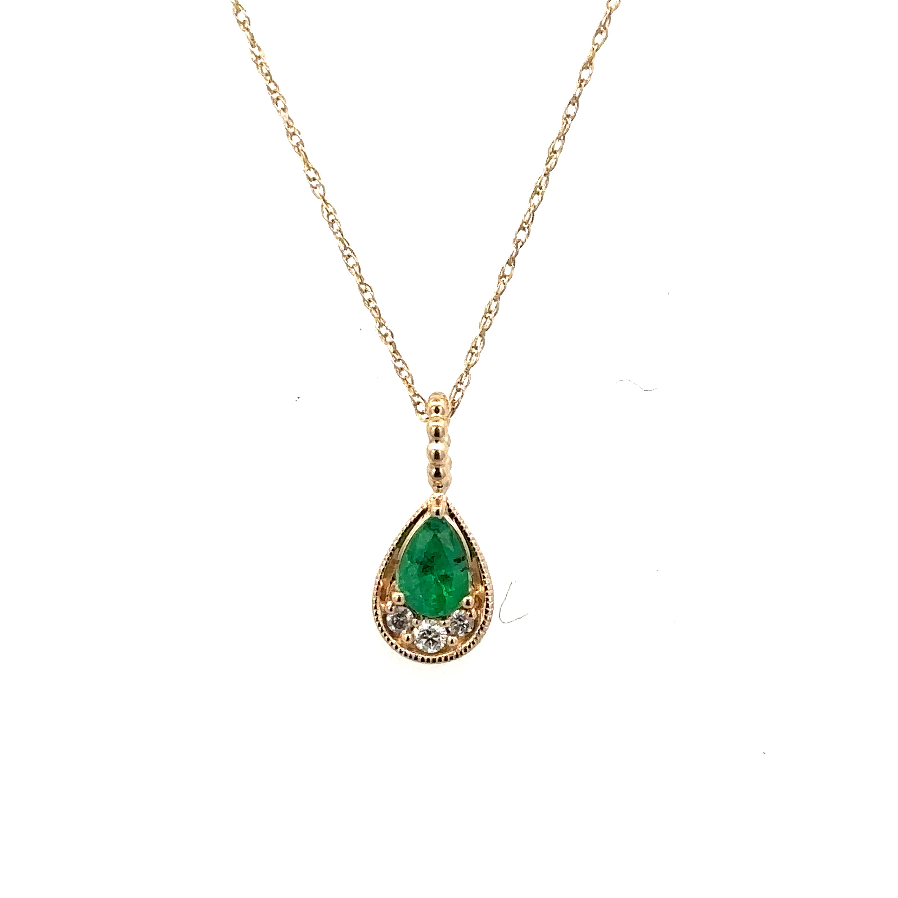Lady's Yellow 14 Karat Teardrop Necklace With One 0.50Ct Pear Emerald And 3=0.05Tw Round H/I Si2 Diamonds
