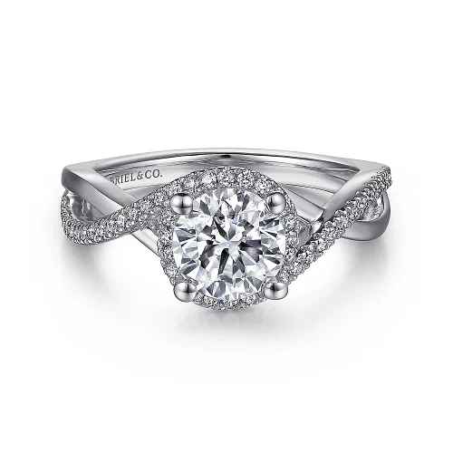 Round Halo Swirl Sides Ring | 14k White