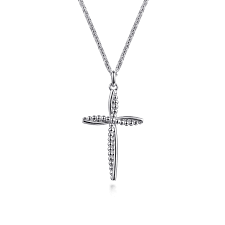 White Sterling Silver Beaded, Crossover Cross Chain Length 17.5