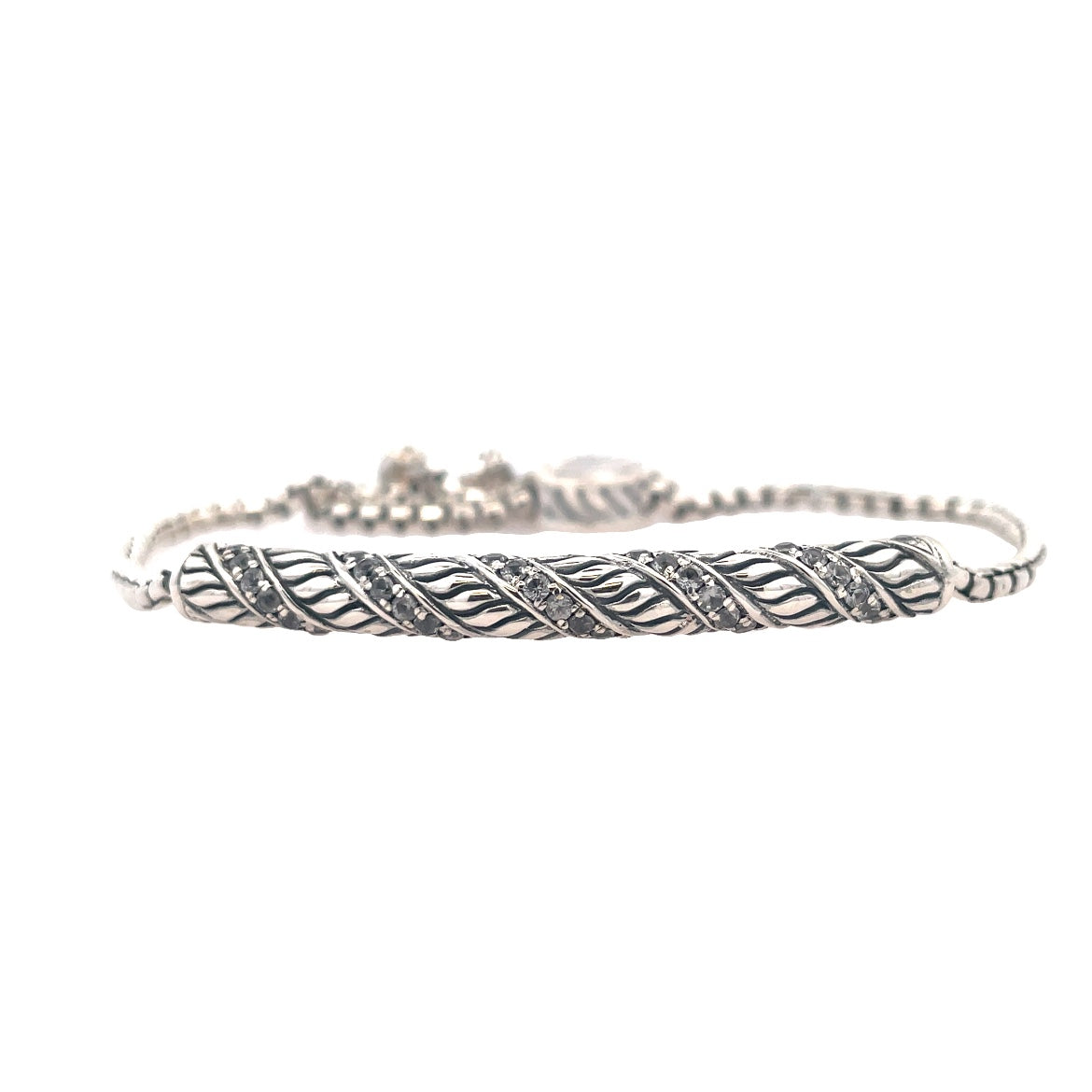 Lady's White Sterling Silver Pave' Swirl Bolo Bracelet With R White Topazs