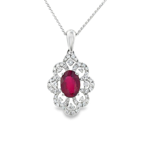 14 Karat White Gold Vintage Fashion Pendant with .95ctw Oval Ruby and .25ctw Round Diamonds