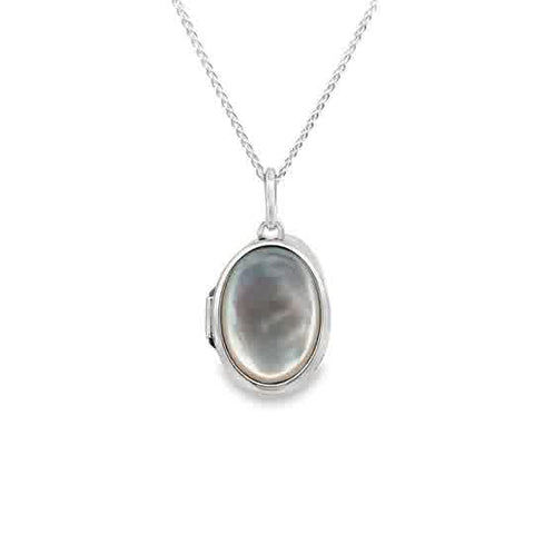 White Sterling Silver 16.5Mm Mother Of Pearl Locket Pendant Length 18