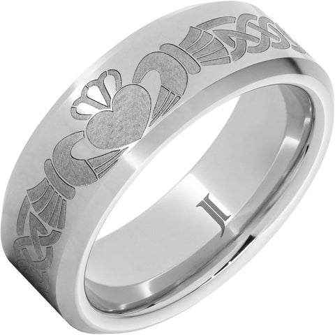 White Serenium 8Mm, Beveled Edge With Laser Claddagh Pattern Wedding Band Size 10.5