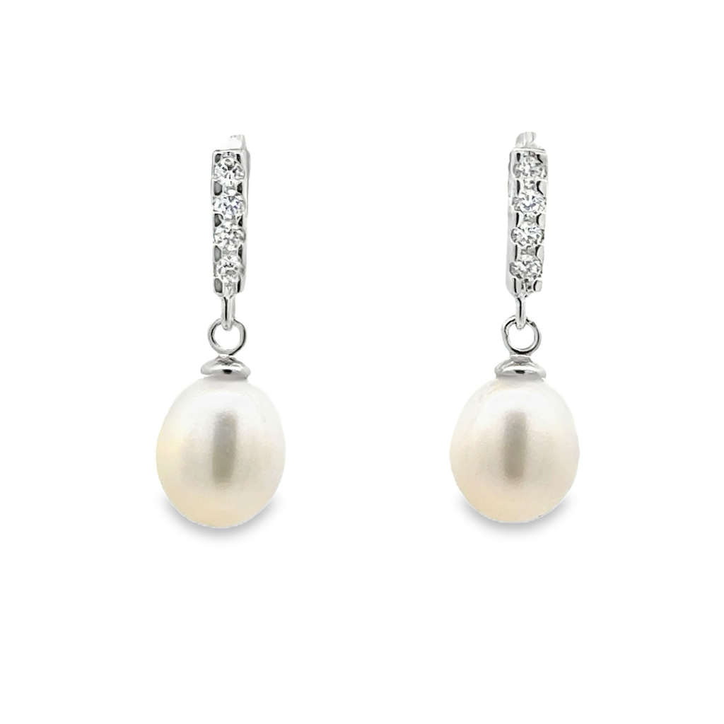 Lady's White Sterling Silver Dangle Drop Earrings With 2= Fresh Water