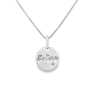 White Sterling Silver Believe Pendant Length 18 With One = 0.01Ct Roun