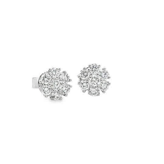 Lady's White 18 Karat Round, Flower Stud Earrings With 14 = 0.92Tw Rou