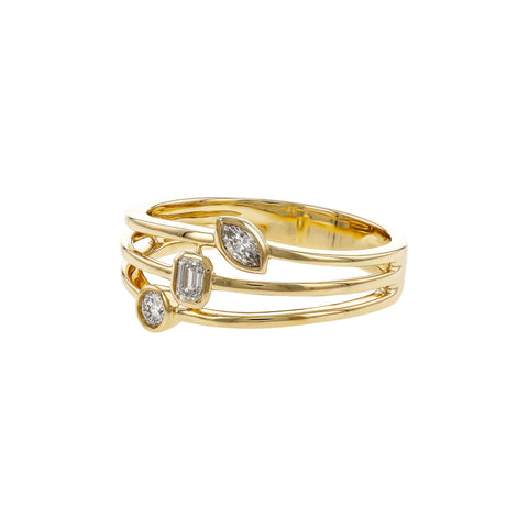 14 Karat Yellow Gold Triple Row Bezel Set with Round, Emerald, and Marquise Cut Diamonds .24ctw