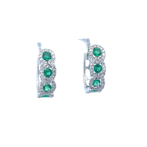 Lady's White 18 Karat Halo Hoop Earrings With 8=0.66Tw Round Emeralds