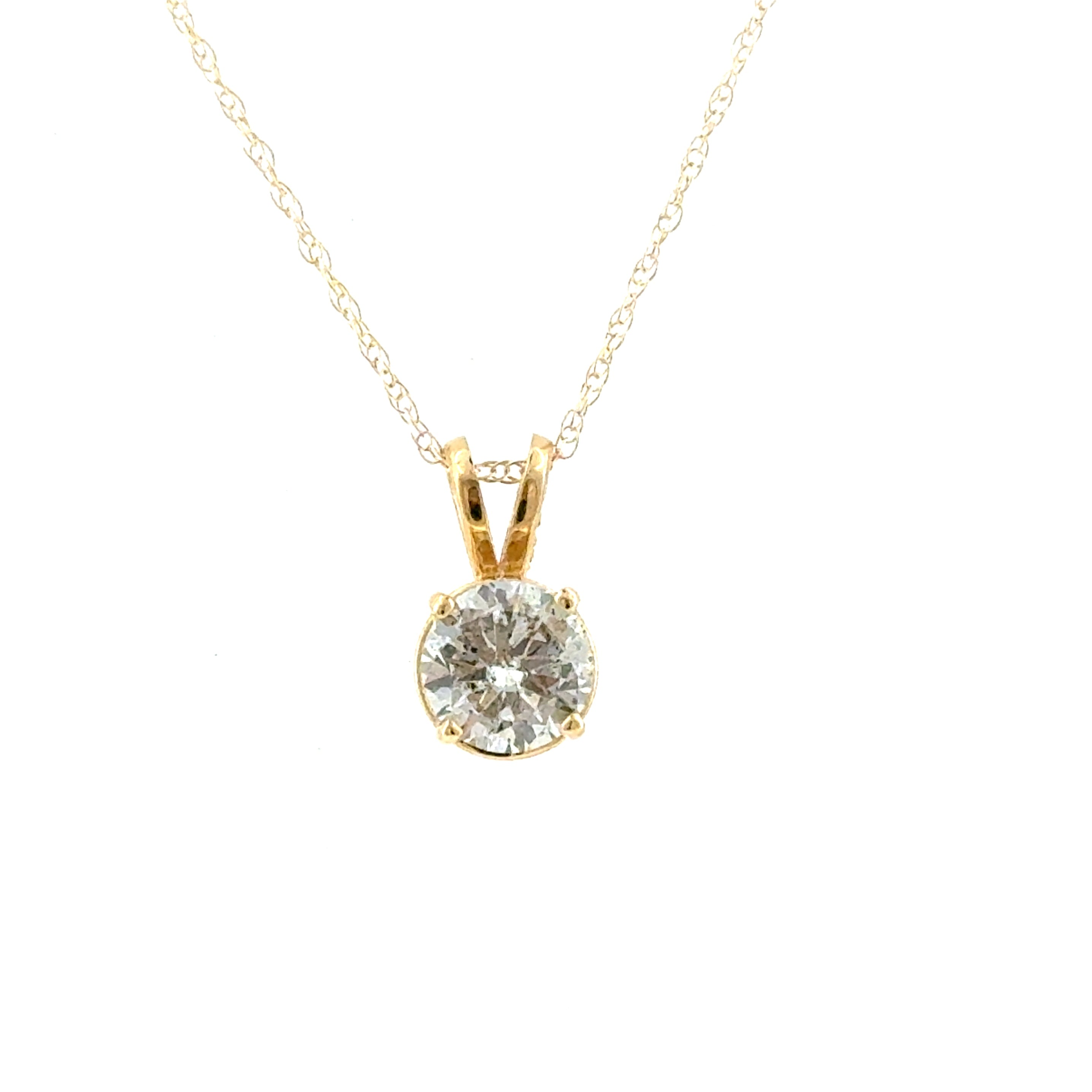 Yellow 14 Karat Four Prong Pendant With One = 0.71Ct Round J/K I2 Diamond 

Style: VP Rope
Metal: 14 Karat
Color: Yellow
Finish: Polished