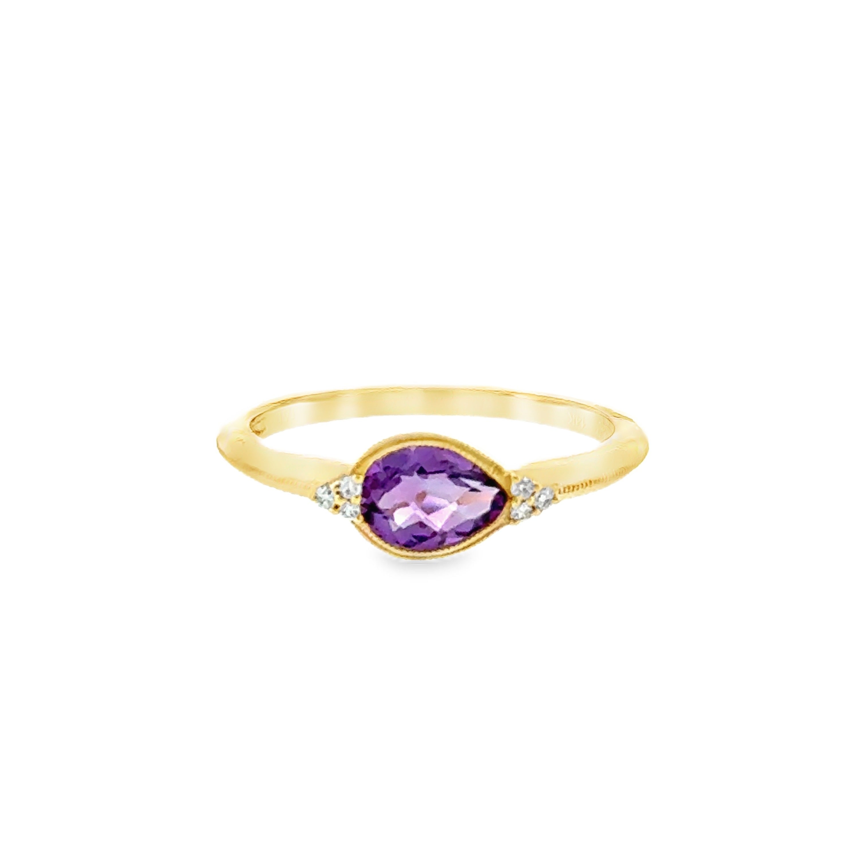 Lady's Yellow 14 Karat Horizontal Pear Fashion Fashion Ring With One 0.66Ct Pear Amethyst And 0.03Tw Round G/H Si2 Diamonds