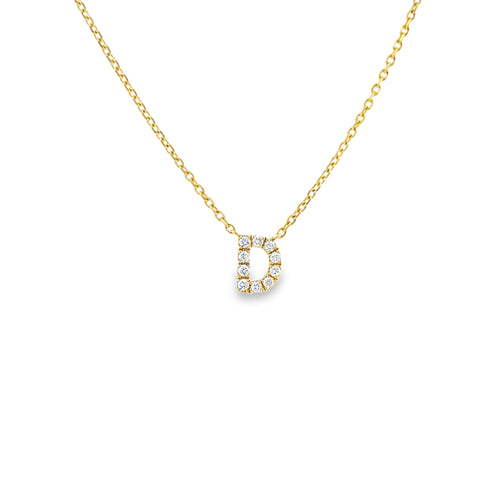 Lady's Yellow 18 Karat "D" Initial Pendant Necklace With 10=0.08Tw Round G/H Si1 Diamonds Reg $1200 Vendor Price $600 Purchases made from our Vendor Price case are not eligible for "complimentary" services. Standard ring sizings, setting fees, and yearly