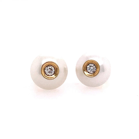 Lady's Yellow 14 Karat Dia In A Pearl Earrings Jewelry With 2=0.08Tw Round Diamonds And Fresh Water White Pearls