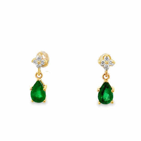 14 Karat Yellow Gold Earrings with 6x4mm, "Better" Pear Cut Emeralds, and Round Brilliant Cut Diamonds