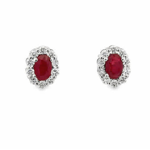 14 Karat White Gold Halo Fashion Earrings with 6x4mm, "Better" Oval Cut Rubies, and Round Brilliant Cut Diamonds