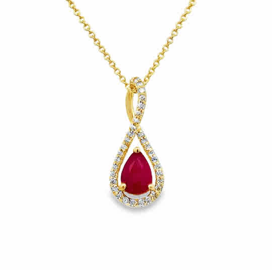 14 Karat Yellow Gold Swirl Pendant with 7x5mm, "A" Pear Cut Ruby, with Round Brilliant Cut Diamonds