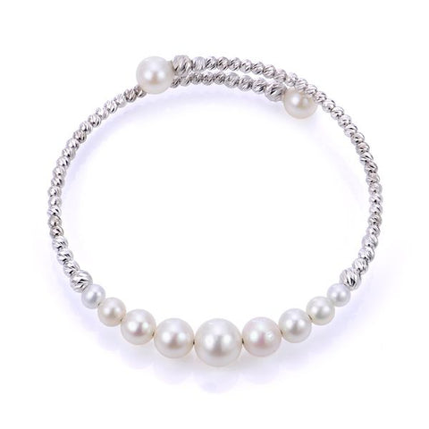 Lady's White Sterling Silver Brilliance Bead Cuff Bracelet With Fresh Water Pearls