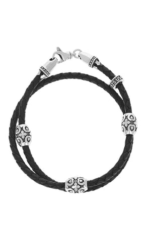 White Sterling Silver Double Wrapped Leather Bracelet With Mb Cross Ba