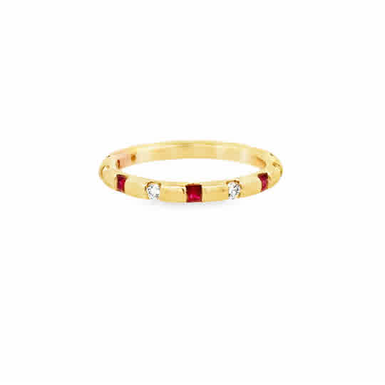 Silent Opus Duo Ring with Round Diamonds and Princess Rubies, 14ky