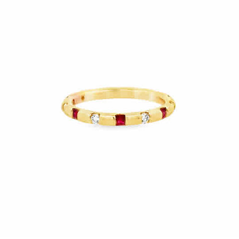 Silent Opus Duo Ring with Round Diamonds and Princess Rubies, 14ky