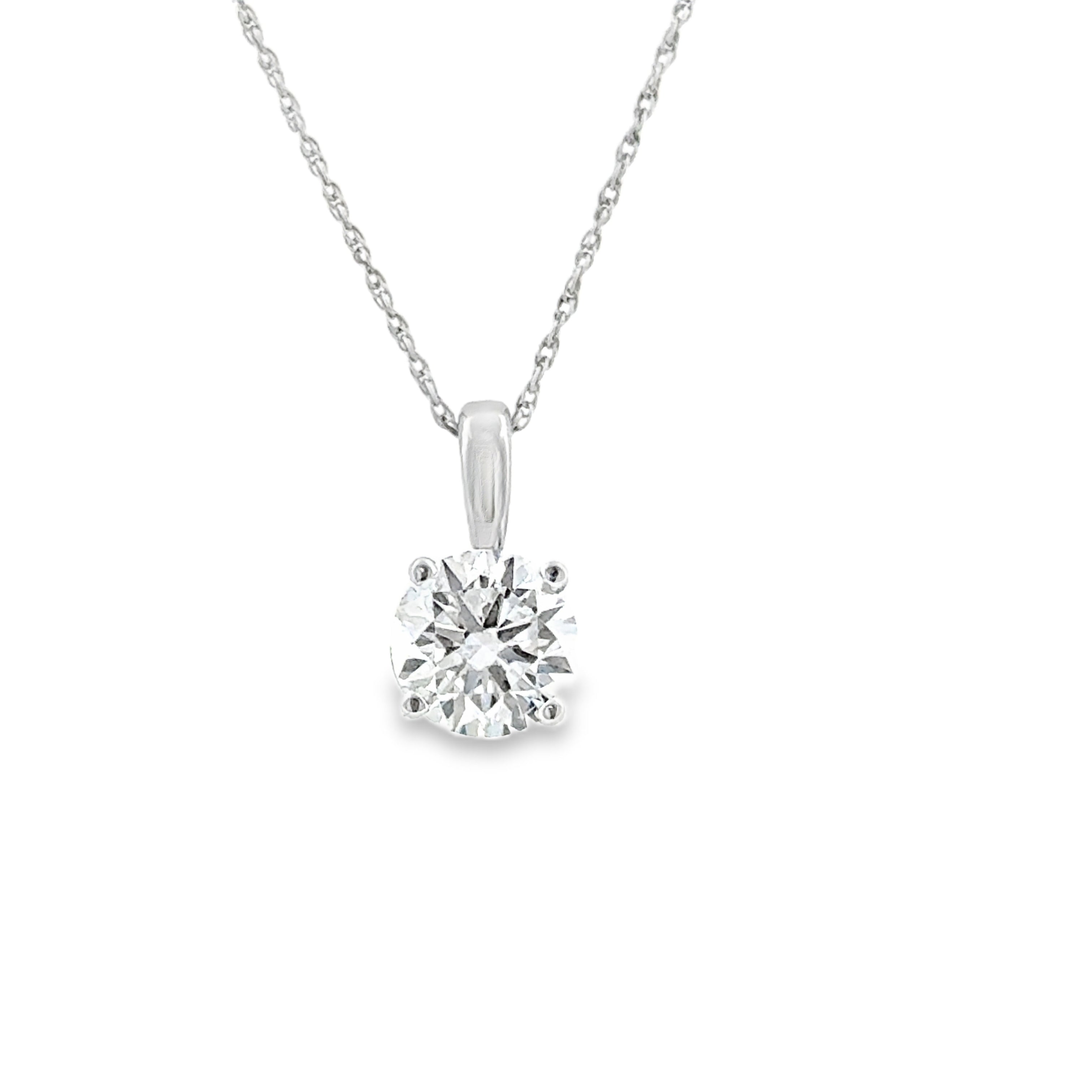 14 Karat White Gold Solitaire Pendant with 1.00 Carat Lab Created Round Diamond F-G/VS2