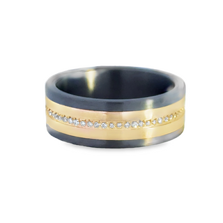 White/Yellow Tantalum/14K 8Mm Lined Center With Prong Set Ring Size 10